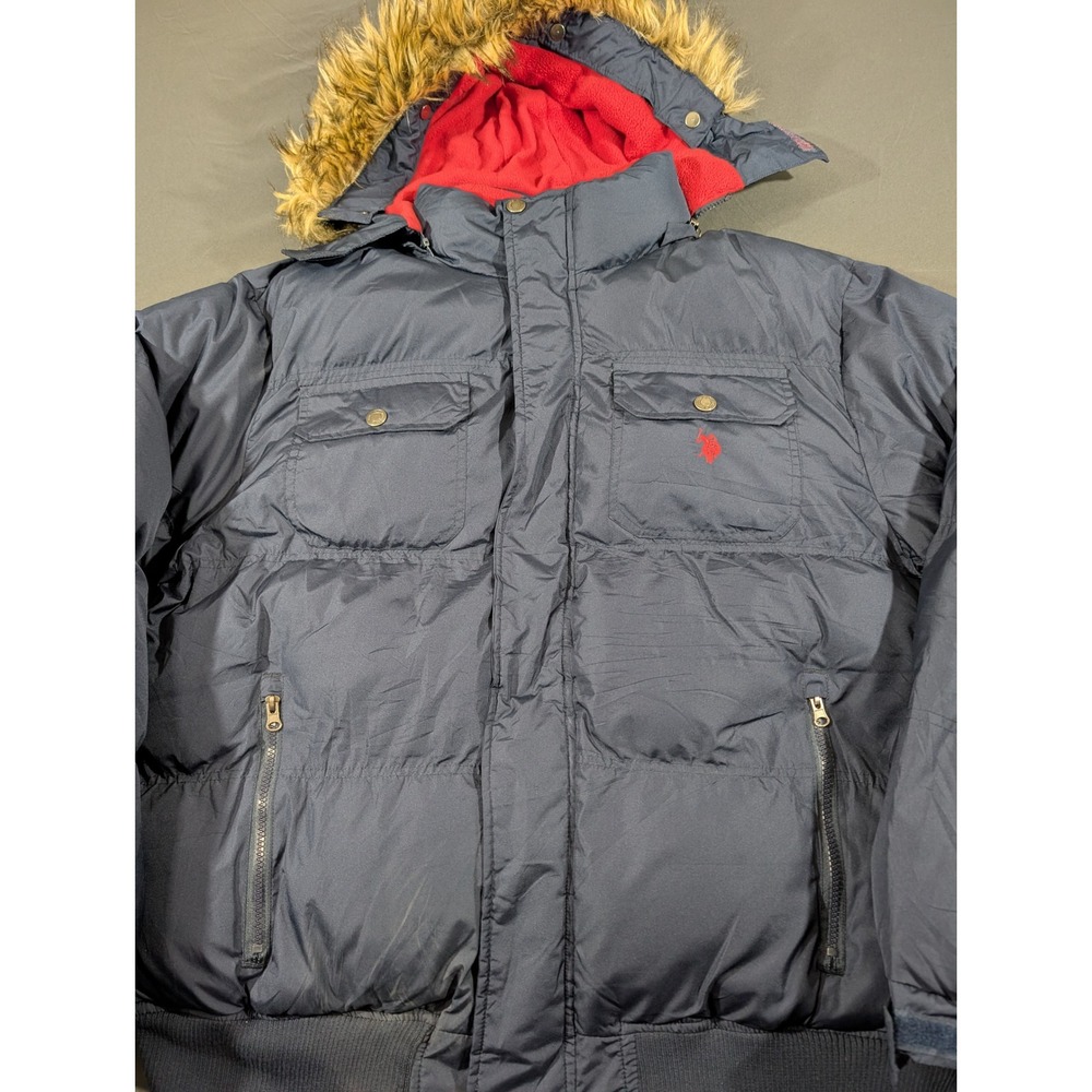 US Polo Assn Mens 2X Navy Blue Puffer Jacket Faux Fur Hood 10-5718B-Q8